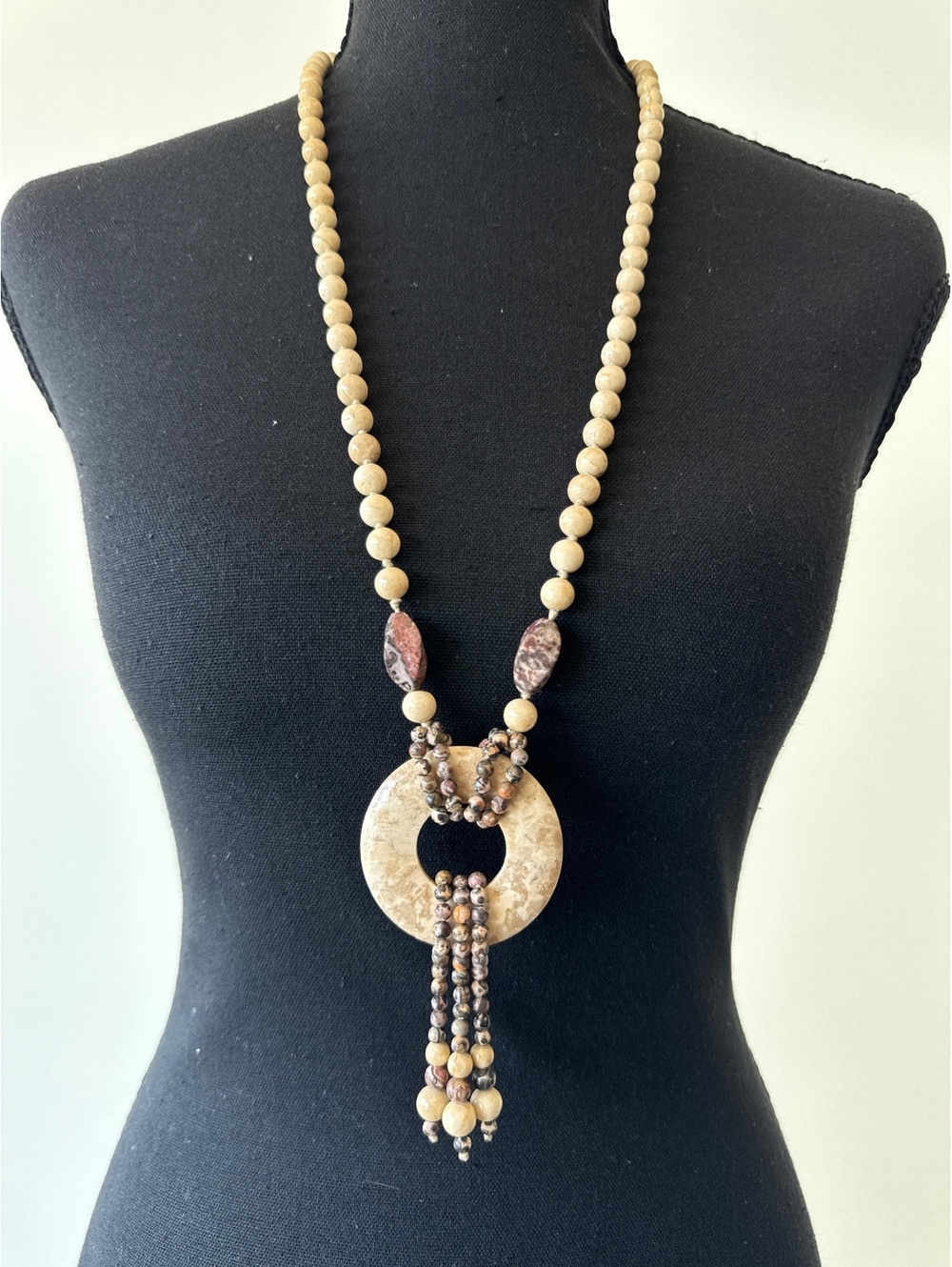 Natural Stone Beaded Statement Necklace Carved Stone Pendant Boho 32"
